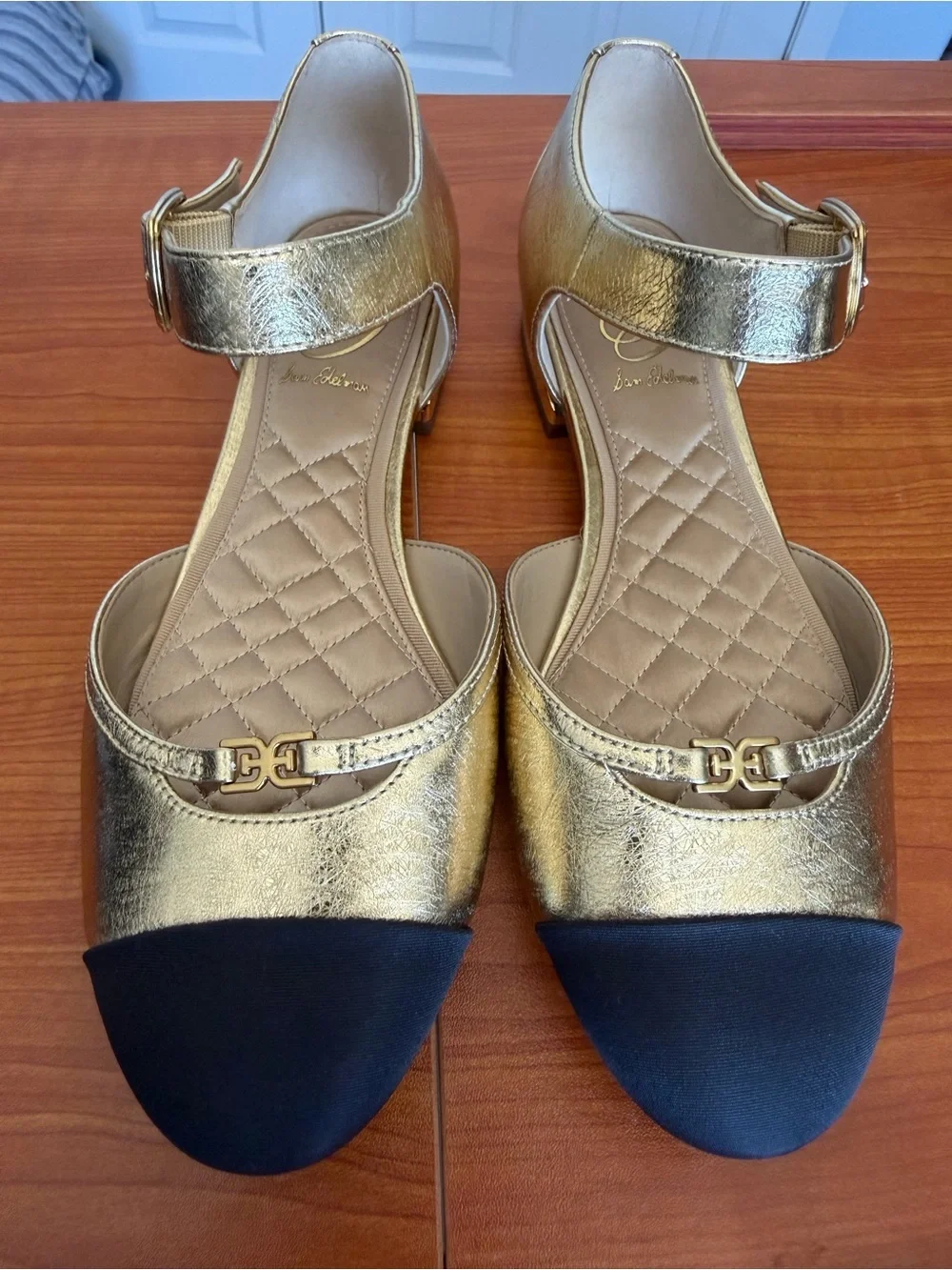 Sam Edelman Gold and Black Quilted Insole Ankle-Strap Flats NWOT